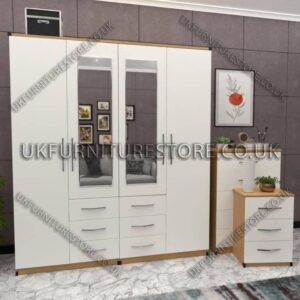 Front White Side Oak 4 Door Wardrobe Set With 2 Mirrors