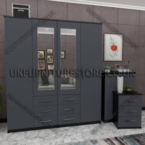 Front Gray Side Black 4 Door Wardrobe Set With 2 Mirrors
