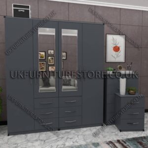 Gray 4 Door Wardrobe Set With 2 Mirrors