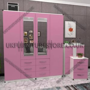 Front Pink Side White 4 Door Wardrobe Set With 2 Mirrors