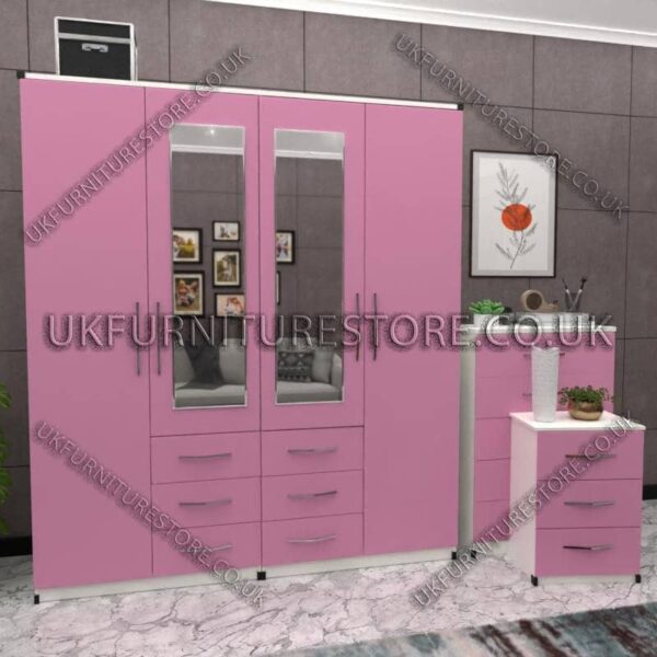 Front Pink Side White 4 Door Wardrobe Set With 2 Mirrors