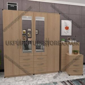 Oak 4 Door Wardrobe Set With 2 Mirrors