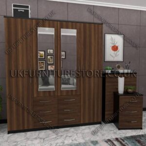 Front Walnut Side Black 4 Door Wardrobe Set With 2 Mirrors