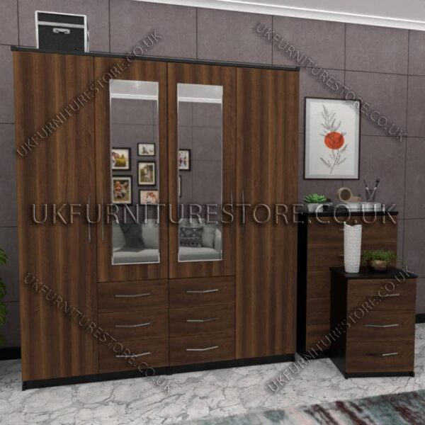 Front Walnut Side Black 4 Door Wardrobe Set With 2 Mirrors