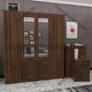 Walnut 4 Door Wardrobe Set With 2 Mirrors