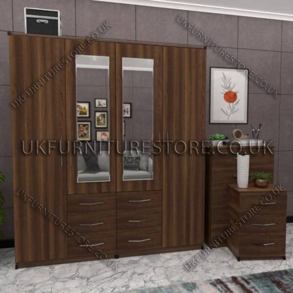 Walnut 4 Door Wardrobe Set With 2 Mirrors