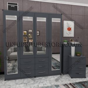 Gray 4 Door Wardrobe With 4 Mirrors and Combi