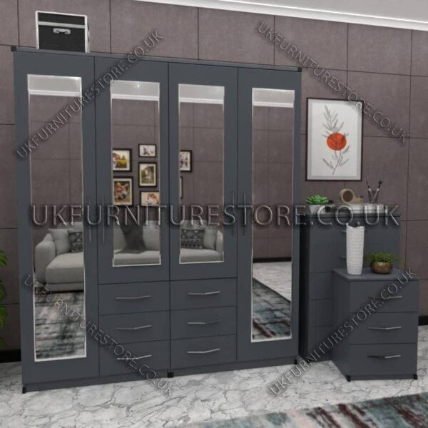 Gray 4 Door Wardrobe With 4 Mirrors and Combi