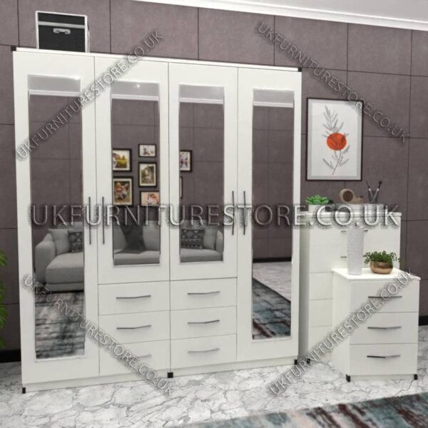 White 4 Door Wardrobe With 4 Mirrors and Combi