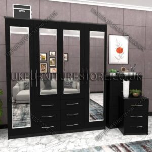 Black 4 Door Wardrobe With 4 Mirrors and Combi