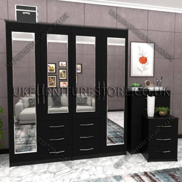 Black 4 Door Wardrobe With 4 Mirrors and Combi