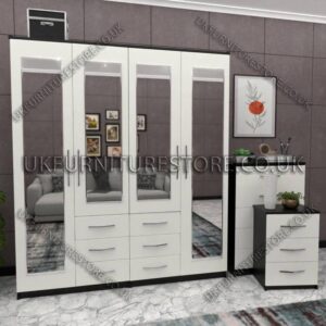 Front White Side Black 4 Door Wardrobe With 4 Mirrors and Combi
