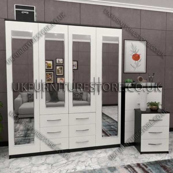 Front White Side Black 4 Door Wardrobe With 4 Mirrors and Combi