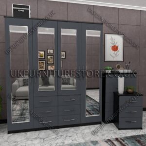Front Gray Side Black 4 Door Wardrobe With 4 Mirrors and Combi