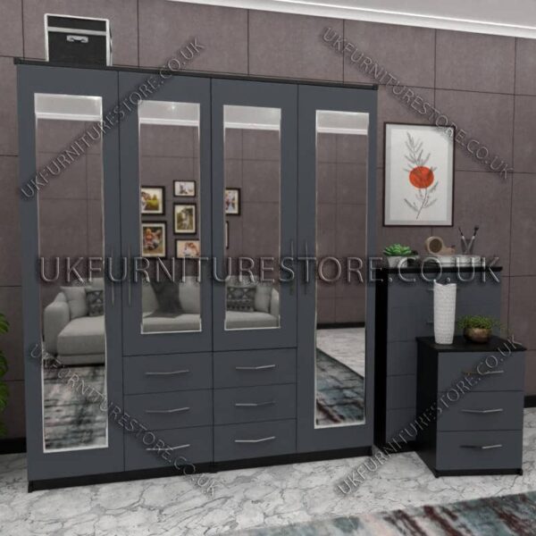 Front Gray Side Black 4 Door Wardrobe With 4 Mirrors and Combi