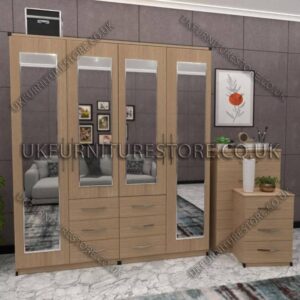 Oak 4 Door Wardrobe With 4 Mirrors and Combi