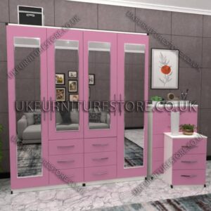 Front Pink Side White 4 Door Wardrobe With 4 Mirrors and Combi