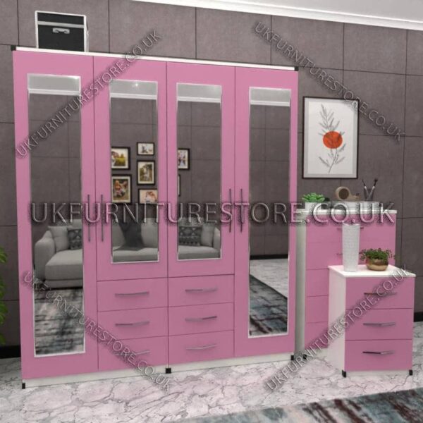 Front Pink Side White 4 Door Wardrobe With 4 Mirrors and Combi
