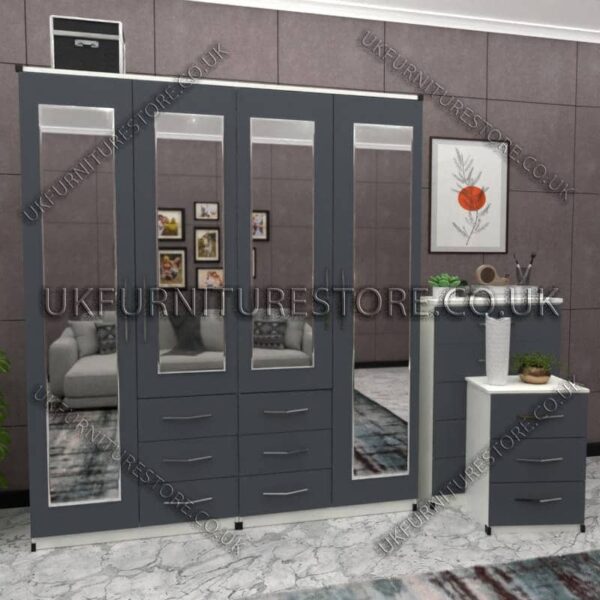 Front Gray Side White 4 Door Wardrobe With 4 Mirrors and Combi