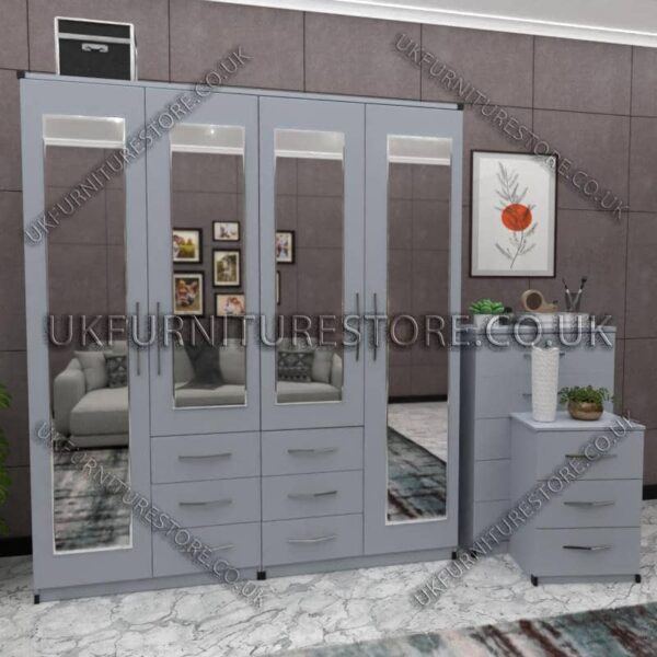 Silver 4 Door Wardrobe With 4 Mirrors and Combi