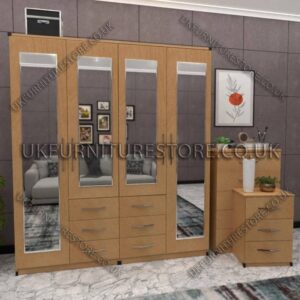 Beech 4 Door Wardrobe With 4 Mirrors and Combi