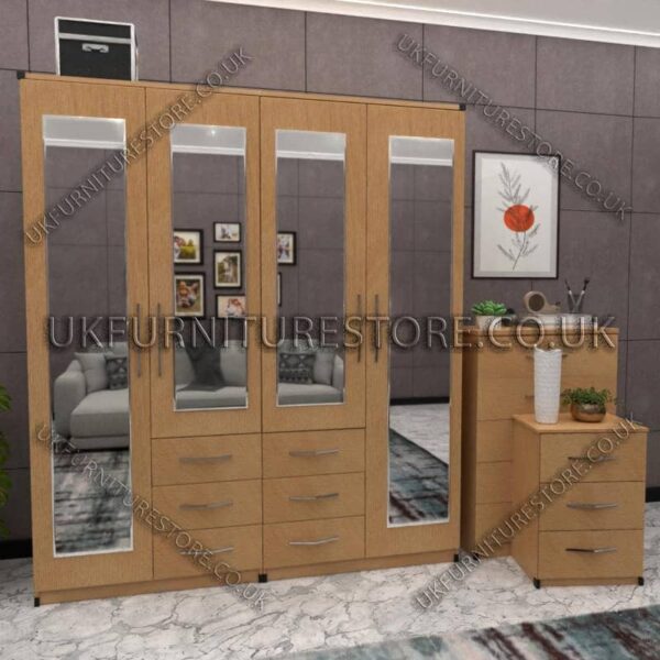 Beech 4 Door Wardrobe With 4 Mirrors and Combi