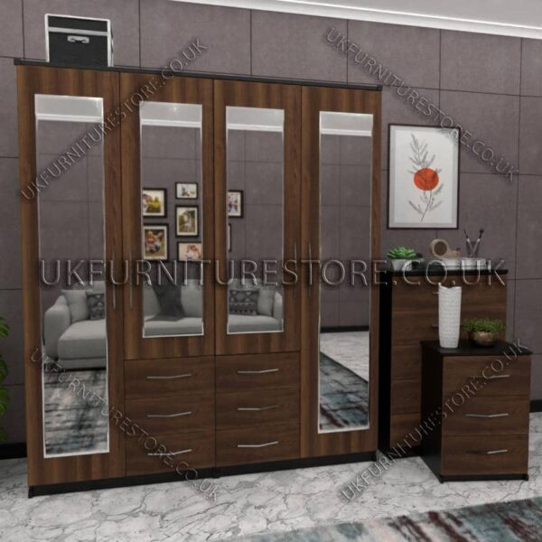 Front Walnut Side Black 4 Door Wardrobe With 4 Mirrors and Combi