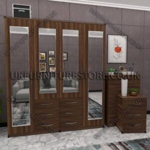 Walnut 4 Door Wardrobe With 4 Mirrors and Combi