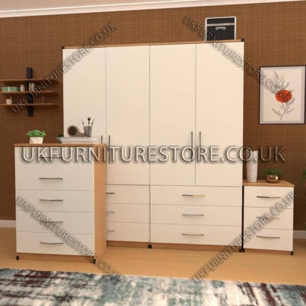 Front White Side Beech 4 Door Wardrobe Set With 6 Bottom Drawers