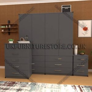 Gray 4 Door Wardrobe Set With 6 Bottom Drawers