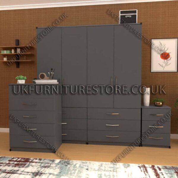 Gray 4 Door Wardrobe Set With 6 Bottom Drawers