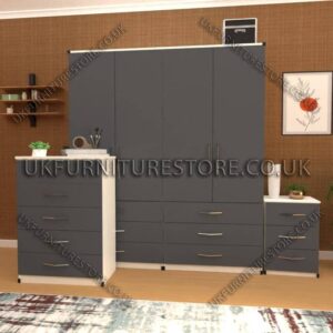 Front Gray Side White 4 Door Wardrobe Set With 6 Bottom Drawers