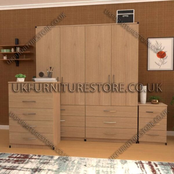 Oak 4 Door Wardrobe Set With 6 Bottom Drawers