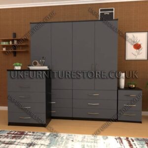 Front Gray Side Black 4 Door Wardrobe Set With 6 Bottom Drawers
