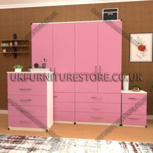 Front Pink Side White 4 Door Wardrobe Set With 6 Bottom Drawers