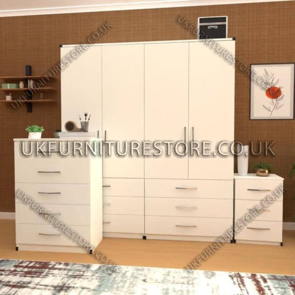 White 4 Door Wardrobe Set With 6 Bottom Drawers