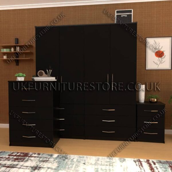 Black 4 Door Wardrobe Set With 6 Bottom Drawers