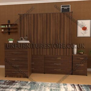 Walnut 4 Door Wardrobe Set With 6 Bottom Drawers