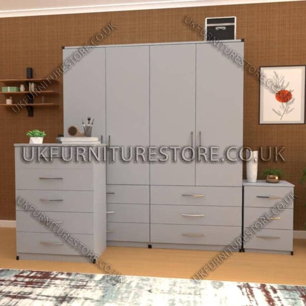 Silver 4 Door Wardrobe Set With 6 Bottom Drawers