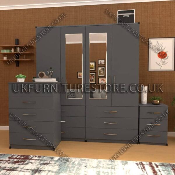 Gray 4 Door Wardrobe Set With 2 Mirrors and 6 Bottom Drawers
