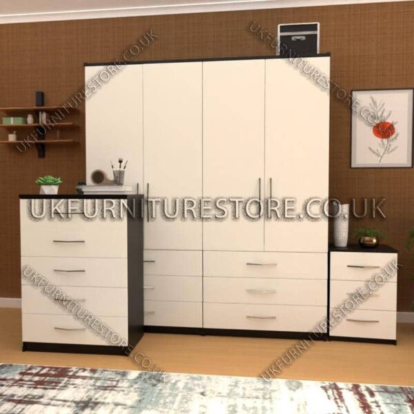 Front White Side Black 4 Door Wardrobe Set With 6 Bottom Drawers