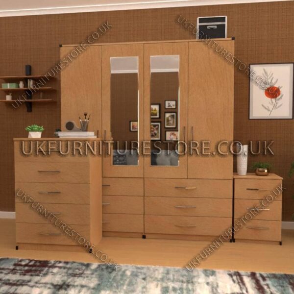Beech 4 Door Wardrobe Set With 2 Mirrors and 6 Bottom Drawers