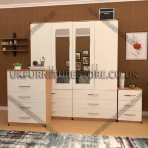 Front White Side Oak 4 Door Wardrobe Set With 2 Mirrors and 6 Bottom Drawers
