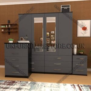 Front Gray Side Black 4 Door Wardrobe Set With 2 Mirrors and 6 Bottom Drawers