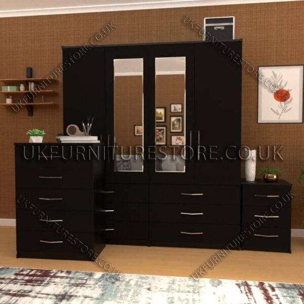 Black 4 Door Wardrobe Set With 2 Mirrors and 6 Bottom Drawers