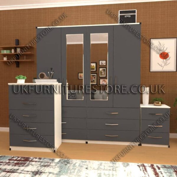 Front Gray Side White 4 Door Wardrobe Set With 2 Mirrors and 6 Bottom Drawers