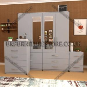 Silver 4 Door Wardrobe Set With 2 Mirrors and 6 Bottom Drawers