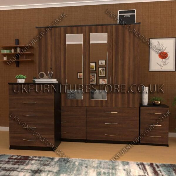 Front Walnut Side Black 4 Door Wardrobe Set With 2 Mirrors and 6 Bottom Drawers