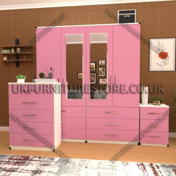 Front Pink Side White 4 Door Wardrobe Set With 2 Mirrors and 6 Bottom Drawers
