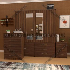 Walnut 4 Door Wardrobe Set With 2 Mirrors and 6 Bottom Drawers